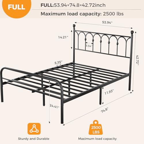 DUMOS Full Size Bed Frame Heavy Duty Metal Platform with 11.9" Under-Bed Storage, Heavy Duty Steel Slat Support with Iron-Art Headboard, No Box Spring Needed, Noise-Free, Modern Black