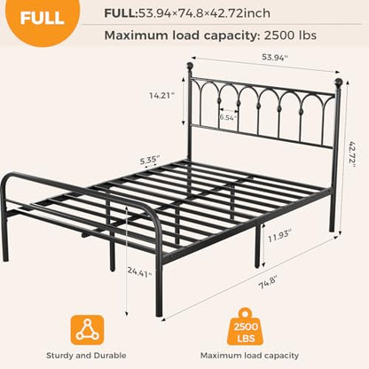 DUMOS Full Size Bed Frame Heavy Duty Metal Platform with 11.9" Under-Bed Storage, Heavy Duty Steel Slat Support with Iron-Art Headboard, No Box Spring Needed, Noise-Free, Modern Black