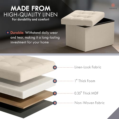 Ornavo Home Small Rectangle Storage Ottoman, Linen, 12x16x12, Beige | Collapsible Cube Design; Foot Rest Stool Seat; Ideal for Living Room, Bedroom, Home Office or Dorm