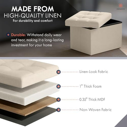 Ornavo Home Small Rectangle Storage Ottoman, Linen, 12x16x12, Beige | Collapsible Cube Design; Foot Rest Stool Seat; Ideal for Living Room, Bedroom, Home Office or Dorm