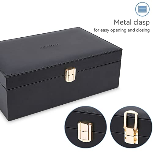 LANDICI Jewelry Box Organizer for Men Women, 2 Layer 4 Slot Watch Storage Case with Removable Tray, PU Leather Large Jewellery Holder Display for Watches Sunglasses Rings Earrings Necklace, Black