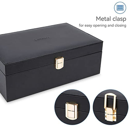 LANDICI Jewelry Box Organizer for Men Women, 2 Layer 4 Slot Watch Storage Case with Removable Tray, PU Leather Large Jewellery Holder Display for Watches Sunglasses Rings Earrings Necklace, Black