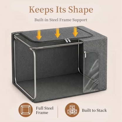 GoMaihe Clothes Storage Bins with Metal Frame for Sweaters, 40L 3-Pack Grey | Seasonal Clothes Hoodies Jeans, Closet Top Shelf Linen Closet Organizer, 3 Side Access Stackable Collapse-Proof, Clear Window