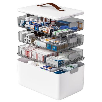 4- Tier Medicine Storage Box Organizer Portable First Aid kit Box Sewing, Art, Craft with Handle, Multipurpose Medical Supply Organizer with Removable Tray