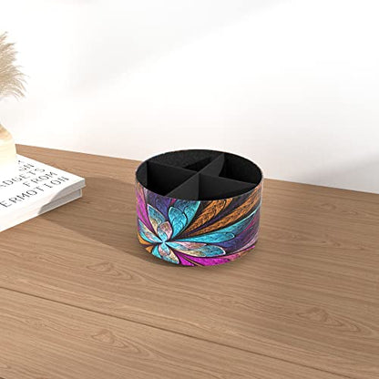 Round Leather Art Supply Organizer,Remote Control Holder,360 Degree Rotating,Multi-Functional Pencil Holder,4 Compartments Desktop Stationary Organizer(1-Fractal Flower) | Round