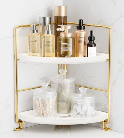 2-Tier Corner Bathroom Counter Organizer, Tool-Less Installation Vanity Shelf Small Plastics Countertop Makeup Tray Skincare Perfume Organizers (Gold)
