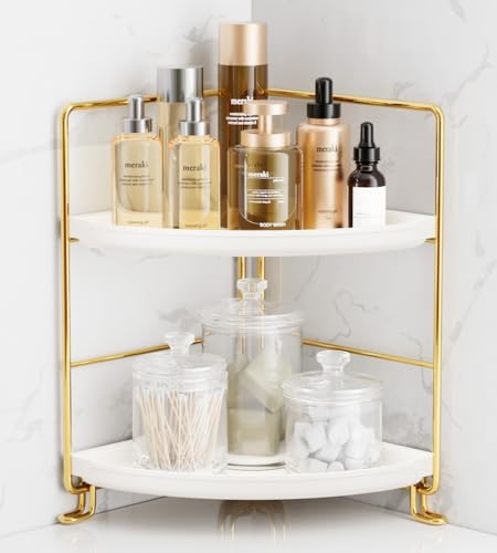2-Tier Corner Bathroom Counter Organizer, Tool-Less Installation Vanity Shelf Small Plastics Countertop Makeup Tray Skincare Perfume Organizers (Gold)