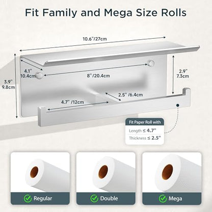 FORIOUS Toilet Paper Holder with Shelf, Commercial Toilet Paper Dispenser | Brushed Nickel | SUS304 Stainless Steel Wall Mount Double Bathroom Tissue Roll Holder for Hotel, Apartments, etc