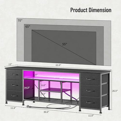 Furologee LED TV Stand for 65, 70 Inch TV, 63 Inch Entertainment Center with Power Outlets, 6 Fabric Drawers Dresser for Bedroom, Media Console with Open Shelves, PU Leather Surface, Black