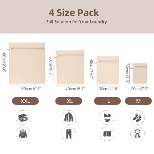 100% Cotton Mesh Laundry Bags, Premium Soft, No Dye, Set of 4, Natural