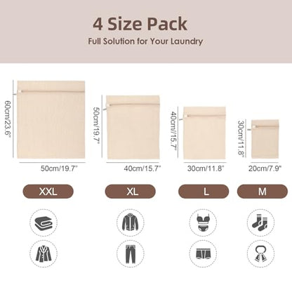100% Cotton Mesh Laundry Bags, Premium Soft, No Dye, Set of 4, Natural