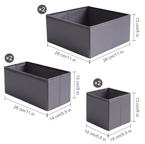 Drawer Organizers, Durable Fabric, Washable, with Base Support Boards, Small Storage Boxes for Bathroom, Closet, Dresser, Set of 6, Dark Grey