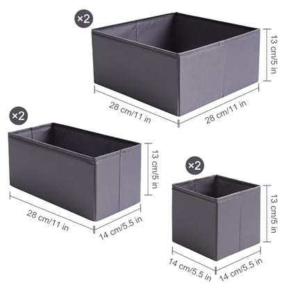 Drawer Organizers, Durable Fabric, Washable, with Base Support Boards, Small Storage Boxes for Bathroom, Closet, Dresser, Set of 6, Dark Grey