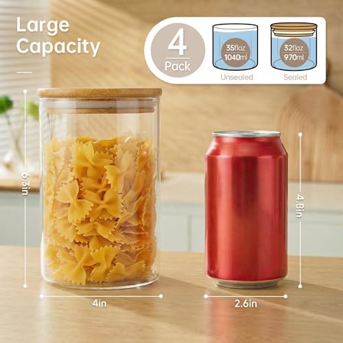 32 oz Round Glass Food Storage Containers with Airtight Bamboo Lids, 4 Pack | Stackable Pantry Jar for Flour, Sugar & Rice, Durable Borosilicate Glass Canister Keep Food Dry & Fresh, Easy to Fill & Clean