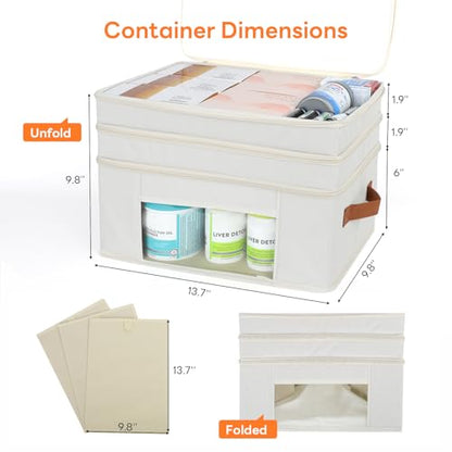 Medicine Organizer for Cabinet, 3-Tier, Beige | Foldable Storage Box, Fabic Medicine Organizer, Clear PVC Cover, Leather Handle, Empty First Aid Kit for Home and Travel