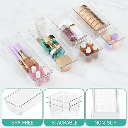 12 Pack Clear Drawer Organizer Set, Drawer Storage Trays, Storage Bins | Acrylic Drawer Storage Trays, Storage Bins for Makeup, Cosmetics, Jewelries, Utensils, Gadgets, Office