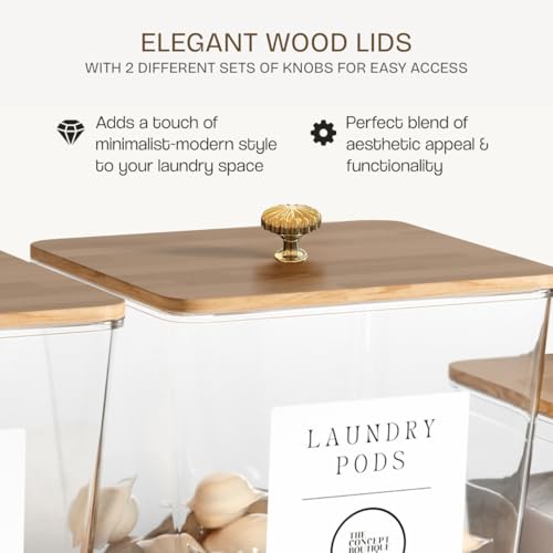 3 Pack Acrylic Laundry Room Organization Containers with Gold & Wood Knobs – Laundry Pods Container & Detergent Organizer Set | Clear Laundry Jars | Scoops & Customizable Labels | Storage Canisters