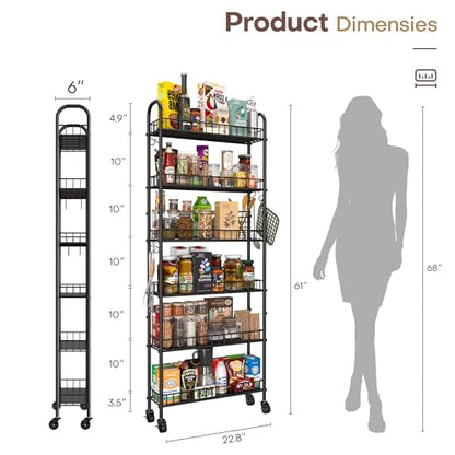 Slim Rolling Storage Cart with Wheels, Metal 6 Tier Spice Rack Mobile Shelving Unit Organizer Kitchen Utility Cart for Office Bathroom Kitchen Laundry Room Narrow Places (6inches)