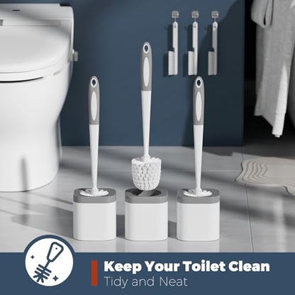 Toilet Brush and Holder Set, Space Saving, 3 Pack, White | Bathroom Accessories, Ergonomic Silicone Handle, Dense Bristles, Deep Cleaning, with 3 Crevice Brushes, Compact Design