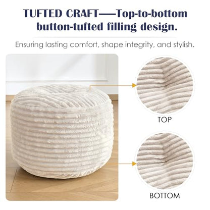 Round Ottoman,Corduroy Pouf Ottoman Foot Rest,Beige,18x14 IN | Storage Ottoman Footstool for Living Room,18x14 Soft Floor Poufs,Memory Foam Filling,Footrest only