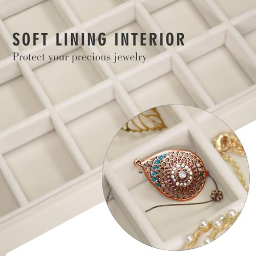 Siveit Velvet Jewelry Tray 48 Grid Jewelry Display Tray Organizer Box with Transparent Lid Rings Earrings Necklaces Pendants Display Box Suitable for Women and Girls (Beige)