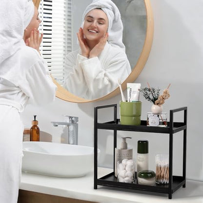 Bathroom Counter Organizer Vanity Storage Countertop Shelf, Small Black | 2 Tier Makeup Organizer Perfume Tray Skincare Holder for Sink, Dresser, Kitchen