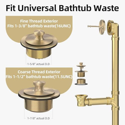 Champagne Brushed Gold Bronze Bathtub Drain, Hair Catcher and 2-Hole Overflow Faceplate, 11.5/16 UNC, Lift and Turn Bathtub Drain Replacement, Tub Drain Stopper