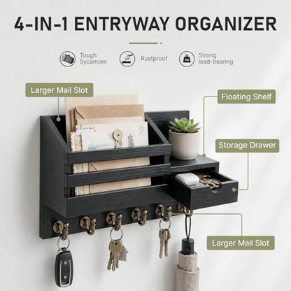 FifthQuarter Key and Mail Holder Wall Mount with Drawer and 6 Sturdy Hooks | Wooden Entryway Organizer and Decorative, Easy Installation