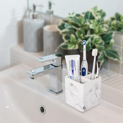 Diatomite Toothbrush Holders Tooth Brush Organizer, 2 Pack, Marble White | Water-Absorbent Material, 3 Slots for Electric Toothbrush and Toothpaste, for Bathroom Countertop, Shower, Vanity