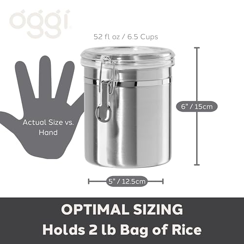 Oggi Stainless Steel Kitchen Canister 152 fl oz - Airtight Clamp Lid, Clear See-Thru Top - Ideal for Kitchen Storage, Food Storage, Pantry Storage. Jumbo Size 8" x 8".