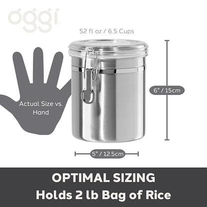 Oggi Stainless Steel Kitchen Canister 152 fl oz - Airtight Clamp Lid, Clear See-Thru Top - Ideal for Kitchen Storage, Food Storage, Pantry Storage. Jumbo Size 8" x 8".