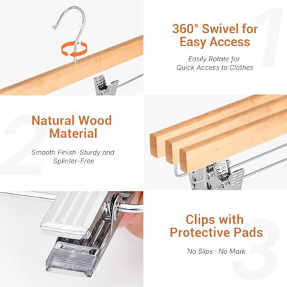 HOUSE DAY Wooden Pants Hangers with Clips, 20 Pack Skirt Hangers, Natural | 14-Inch Wood Hangers with Adjustable Non-Slip Metal Clips & 360° Swivel Hooks, Heavy Duty for Jeans, Slacks, Trousers, Shorts