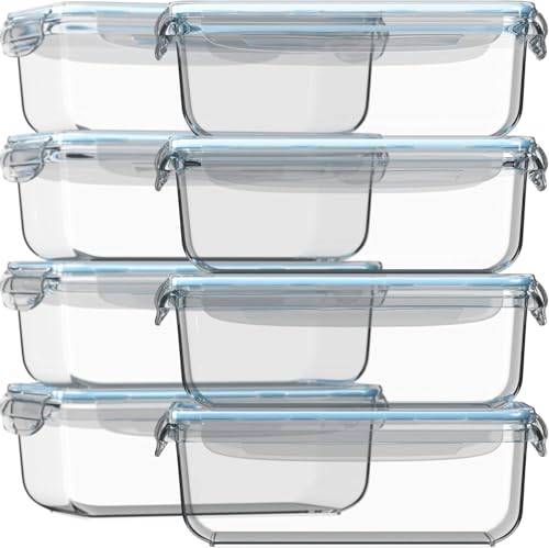 Razab 16 Pc (Set of 8) 30 Oz Glass Meal Prep Containers with Lids, Airtight Large Glass Food Storage Containers, Reusable Leak Proof BPA Free, Freezer to Oven and Dishwasher Safe