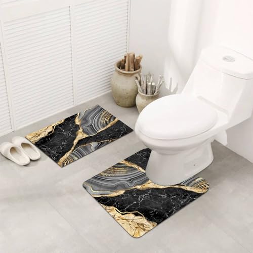 MUGINYU Black and Gold Rug for Bathroom Decor,Black and Gold Bathroom Rugs Sets 3 Piece,Marble Decor Thin Rubber Diatomaceous Earth Quick Dry Rugs with U-Shaped Contour Toilet Mat