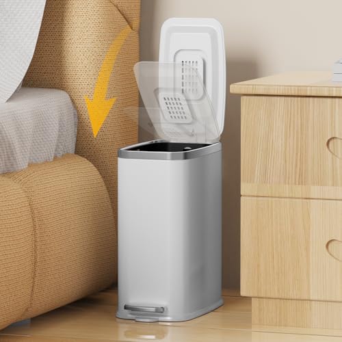 KdbK Stainless Steel Bathroom Trash Can with Lid Soft Close,1.6 Gallon Slim Garbage can,Small Metal Step Wastebasket for Office, Bedroom, Toilet, White