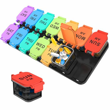 Yaklim Extra Large Weekly Pill Organizer, Detachable 7 Day AM PM Pill Box | XXL 14 Detachable AM PM Compartments；For Big Vitamins & Supplements； Easy to Open & Fill； Waterproof Seals； Easy Readability