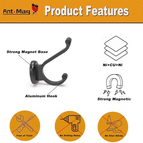 Ant Mag Magnetic Hooks Heavy Duty 140lbs Neodymium Magnet Wall Hooks for Hanging Coats Robes Backpacks Bags Hats Keys Mugs Cups Towels | Strong Magnet Hooks for Hanging Coats, Robes, Backpacks, Bags, Hats, Keys, Mugs, Cups, Towels, No Drilling Black