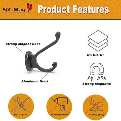 Ant Mag Magnetic Hooks Heavy Duty 140lbs Neodymium Magnet Wall Hooks for Hanging Coats Robes Backpacks Bags Hats Keys Mugs Cups Towels | Strong Magnet Hooks for Hanging Coats, Robes, Backpacks, Bags, Hats, Keys, Mugs, Cups, Towels, No Drilling Black
