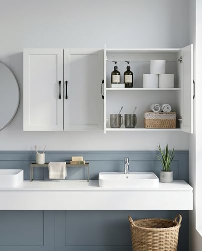 Wall Cabinet with Adjustable Shelves, Laundry Room Cabinet with 4 Doors, Kitchen Storage Cupboard Cabinet, Wall Mount Medicine Cabinet for Bathroom, Living Room, White