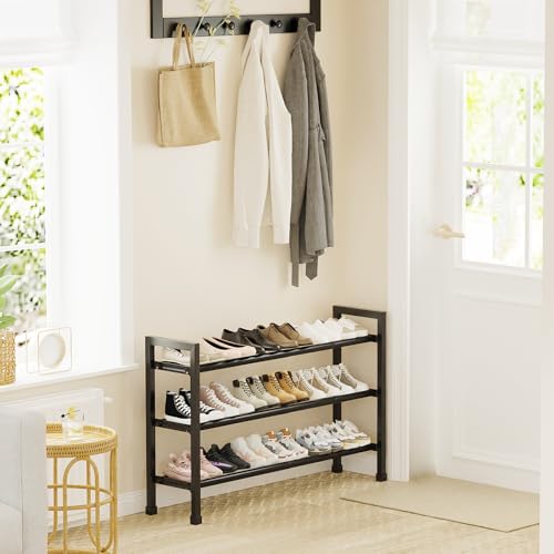 Mavivegue 19“- 43” Adjustable Shoe Rack, 3 Adjustable Length, 3 Tier Expandable Shoe Rack for Closet, Entryway, Shoe Shelf, Black
