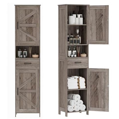 Homhedy 67" H Tall Bathroom Storage Cabinet with Barn Doors and Drawer | Narrow Storage Unit with Adjustable Shelves, Floor Cabinet for Bathroom, Living Room, Entryway or Kitchen, Greige, 15.7" W