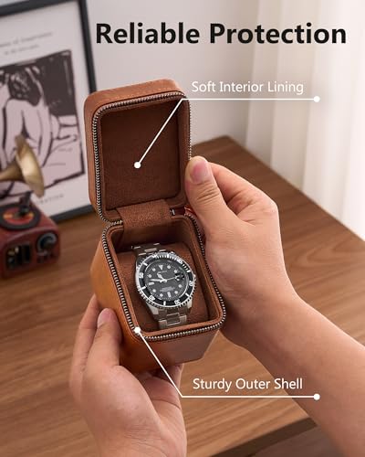 ProCase Single Watch Travel Case for Men, Portable Watch Holder -Brown | PU Leather, Compact Small Travel Carrying Box, Storage Case for Luxury Watches & Smartwatches with Jewelry Compartment