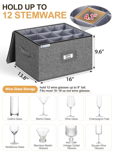 Wine Glass Storage Box for 24 Glasses, Hard Shell Stackable Moving Case | Hard shell side and bottom support with padded dividers for crystal glasses, stemware and drinkware; stackable for moving