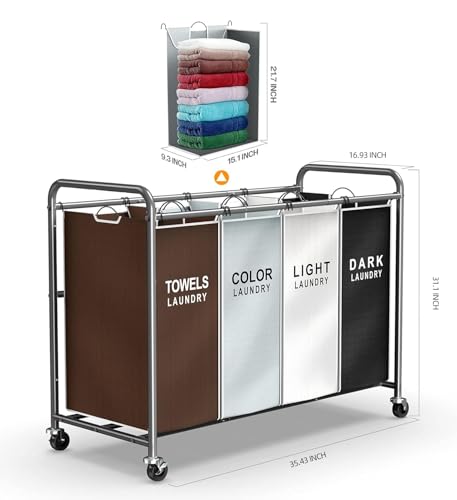 Laundry Hamper Sorter Cart, 4-Section Organizer with Lockable Wheels | Heavy-Duty 180L Rolling Laundry Basket with Removable Bags for Dirty Clothes in Laundry Room or Small Spaces, Multicolor