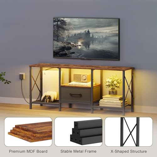 JARHETUN LED TV Stand with Fabric Drawer, Entertainment Center for 50 55 Inch TV, Industrial TV Console Table with Open Storage Shelves for Living Room, Bedroom, Rustic Brown