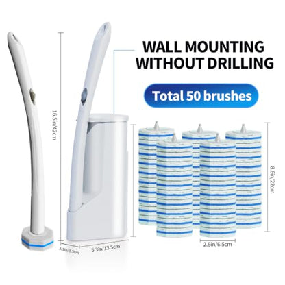 Disposable Toilet Brush Cleaning System, Two Sets of Wands and 60p Refills Pads Replacement Heads, Wall Mounted Toliet Stick Starter Kit Bathroom Maintenance, Toilet Bowl Cleaner Holder