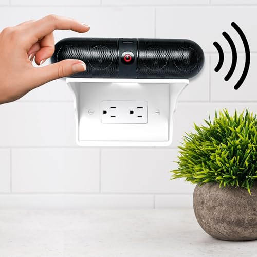 Power Perch Horizontal Outlet Shelf Organizer for Alexa Echo Dot Speakers, Phone - Wall Outlet Holder with Cord Storage Strap - Socket Shelf Bathroom Kitchen Counter Charging Station - White 1 Pack