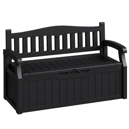 80-Gallon Outdoor Storage Bench for Patio, Garden, Pool, Black | Waterproof Deck Box with Lockable Lid & Armrests