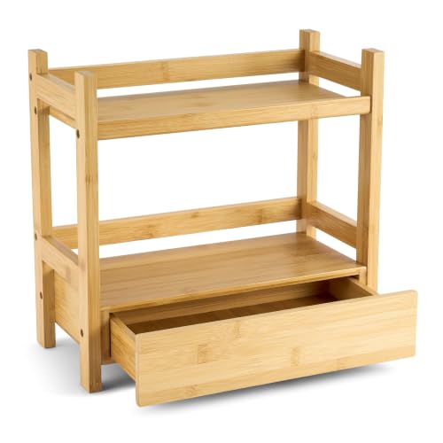 Sorbus 2-Tier Bamboo Countertop Shelf with Hidden Drawer for Vanity, Matcha Shelf, Bathroom Storage Cabinet, Under Sink Organizer, Bathroom Storage, Matcha Station Shelf (13″ L x 6.5″ W x 12.6″ H)