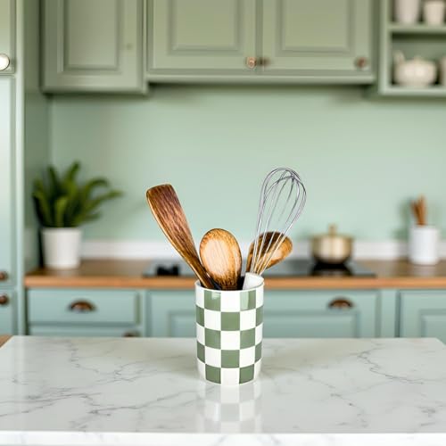 Checkered Utensil Holder, 4.13''x5.71" Utensils Ca... (Sage Green | Ceramic)